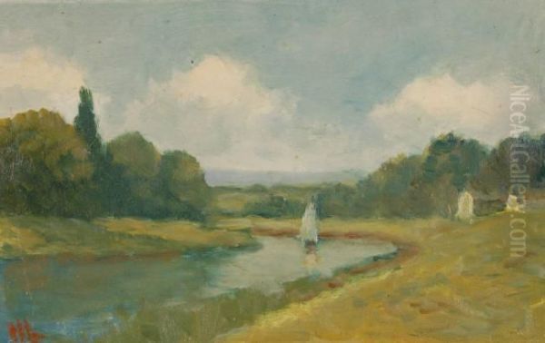 Sailing Boat On The River Oil Painting by Lewis Edward Herzog