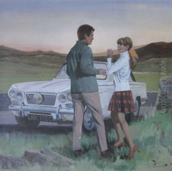 A Young Couple By A Triumph Herald Oil Painting by John Heseltine