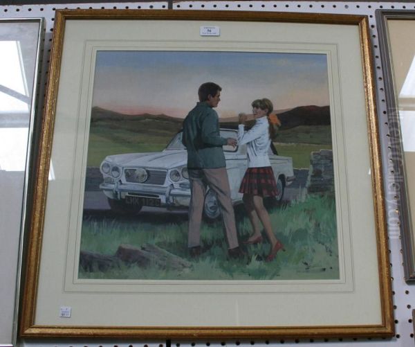 Two Figures By A Triumph Vitesse Oil Painting by John Heseltine