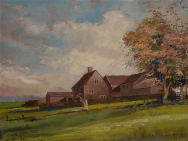 Farm With Trees Inblossom Oil Painting by John Heseltine