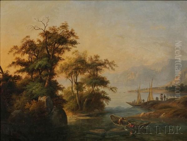 Mountain Lakeshore With Fishing Boats Oil Painting by Benedikt Franz Hess