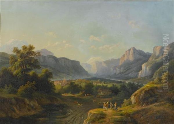 Hunter And Walker In A Valley Landscape Oil Painting by Benedikt Franz Hess