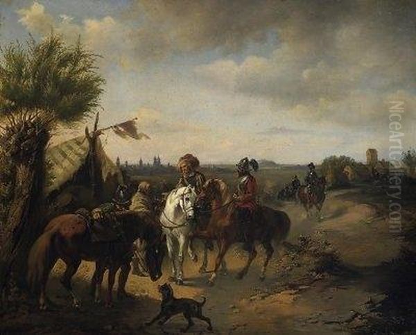 Cavalry Encampment In Front Of The City Gates Oil Painting by Carl Adolf Heinrich Hess