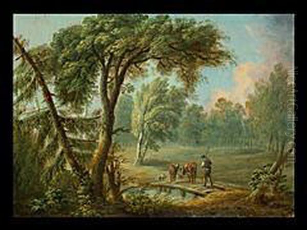 Landschaft Mit Hirte Und Kuhen Oil Painting by Ludwig Hess