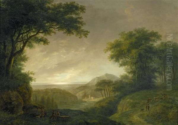 Bucolic Landscape With Shepherd Couple Oil Painting by Ludwig Hess