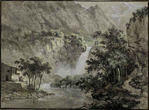 Mountain Landscape With Waterfall Oil Painting by Ludwig Hess