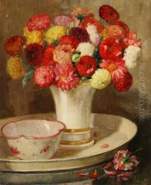 Stilleven Met Bloemen En Coupe In Frans Aardewerk Oil Painting by Marcel Hess