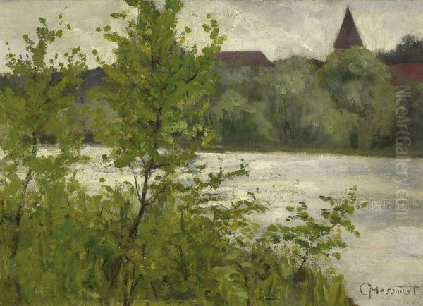 Flusslandschaft Mit Kirchturmspitze Oil Painting by Karl Hessmert