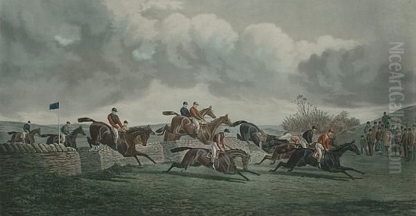 Punchestown, The Coyncham Cup; The Start, The Stone Wall, The Double, The Finish Oil Painting by Edward Gilbert Hester