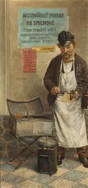 A Prague Hot Dog Vendor Oil Painting by Josef Ferdinand Hettes