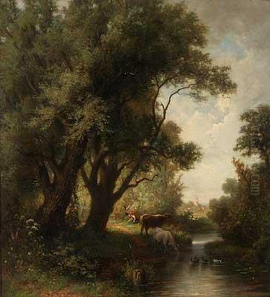 Vieh An Der Tranke Und Hirten Am Sommerlichen Dorfrand Oil Painting by Carl Hetz