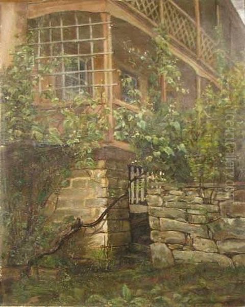 Stone Wall And Vine Covered Porch Oil Painting by George Hetzel