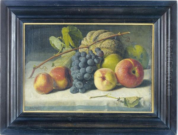 Still Life Of Grapes, A Melon, Peaches And Apples On A Table Oil Painting by George Hetzel