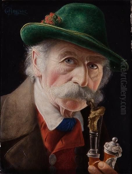 Portrait Of An Old Man With Pipe; Portrait Ofan Old Woman, Signed, A Pair Of Oils On Panel Oil Painting by Christian Heuser