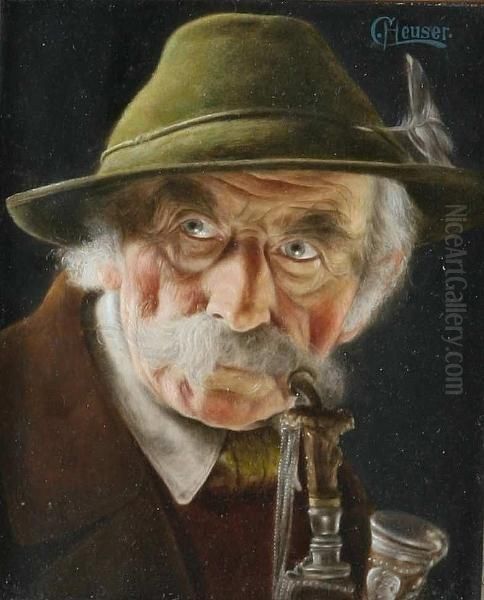 Portrait Of An Elderly Tyrolean Gentleman With A Pipe, Signed Oil Painting by Christian Heuser