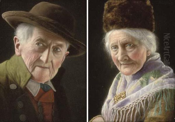 An Old Tyrolean Gentleman; And A Tyrolean Lady Oil Painting by Christian Heuser