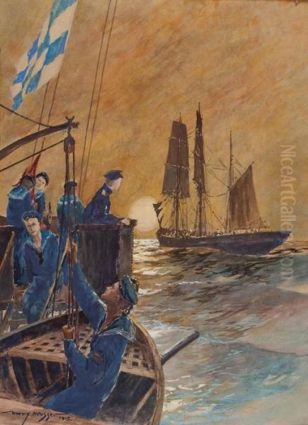 Marineszene Bei Sonnenuntergang Oil Painting by Heinrich Heusser