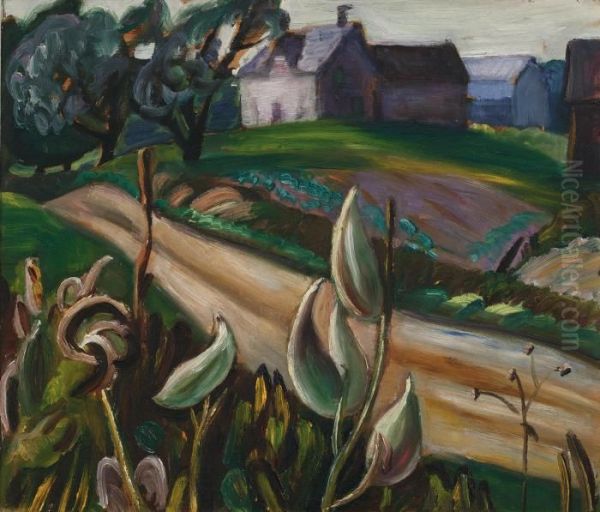 Country Road With Farm Buildings And Milkweed Oil Painting by Prudence Heward