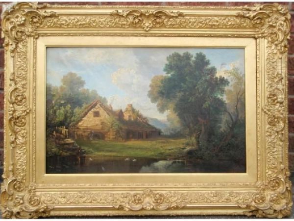 Cottages By A Mill Pond Oil Painting by Henry Hewitt