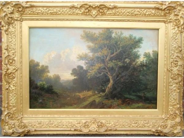 Shepherd And Sheep In A Woodland Landscape Oil Painting by Henry Hewitt