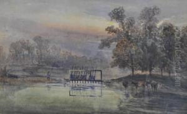 Fishermen On A Weir At Sunset Oil Painting by William Muller Hewitt