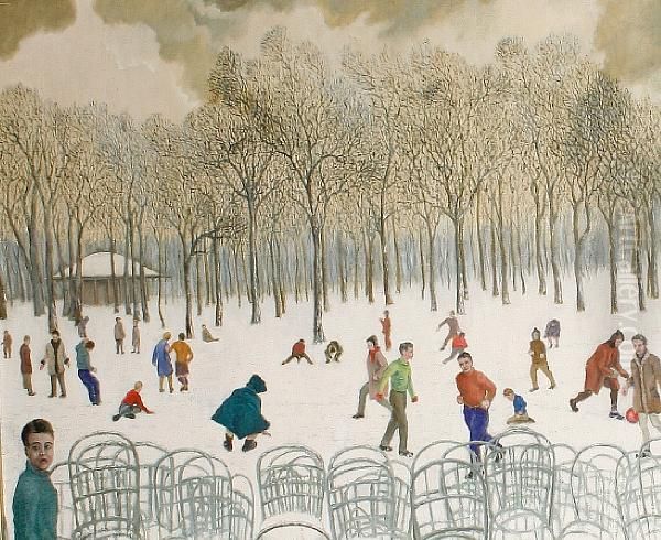 Playing In The Snow Oil Painting by Allan B. Hewlett