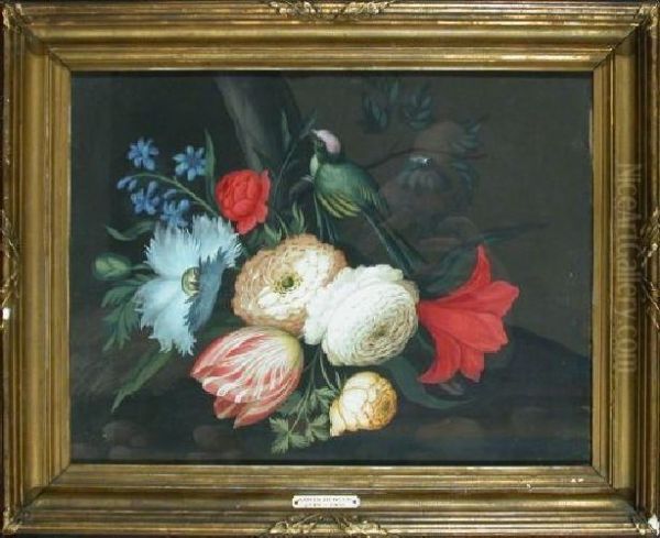 Still Life Of Flowers With A Bird On A Branch: Two Oil Painting by James Hewlett