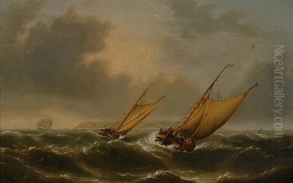 'sailing Off A Headland' And 'sailing By Moonlight' Oil Painting by Edward Hexter