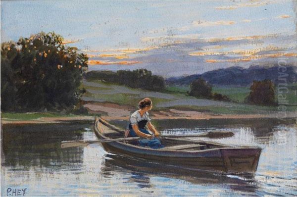 Junge Frau Im Boot Am Ufer Eines Oberbayerischen Sees In Abendstimmung Oil Painting by Paul Hey