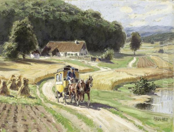 Fahrende Postkutsche In Sommerlicher Landschaft Oil Painting by Paul Hey