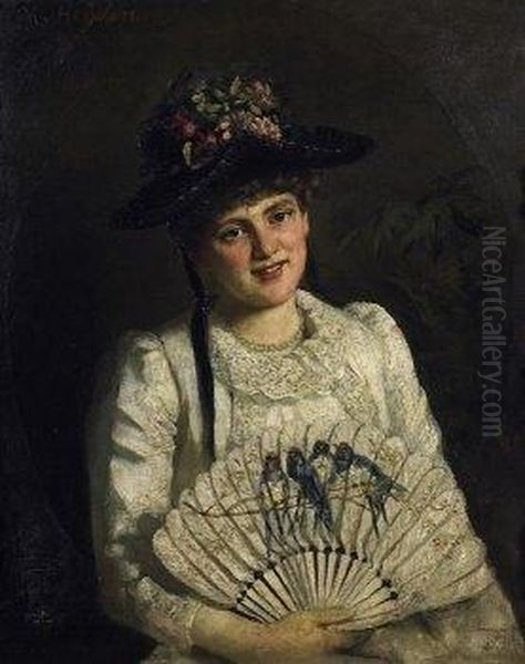 Portrait Of A Young Lady With Fan And Hat. Signed Above Left: Ch. Heyden Oil Painting by Christian Heyden