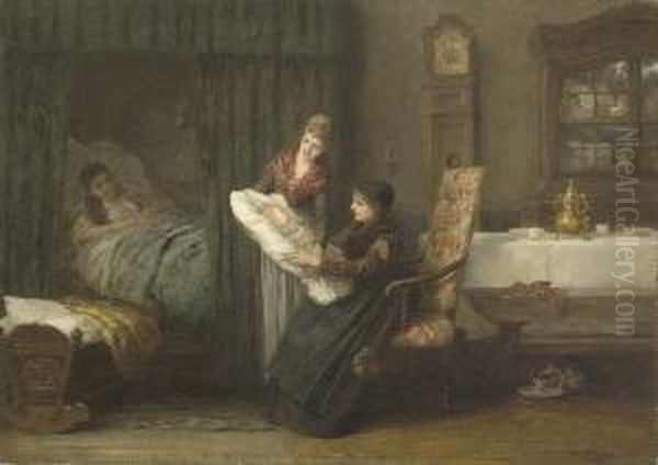 Besuch Der Grosmutter Am
 Wochenbett. Oil Painting by Karl Heyden