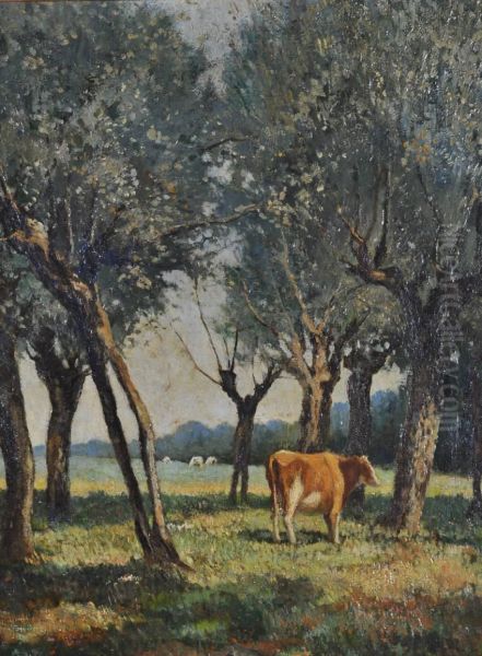 Cattle In A Wooded Pasture Oil Painting by Otto Johann Heinrich Heyden