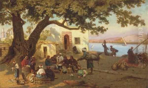 In The Shade On The Banks Of The River Nile Oil Painting by Otto Johann Heinrich Heyden