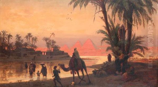 The River Nile With The Gizeh Pyramids Oil Painting by Otto Johann Heinrich Heyden