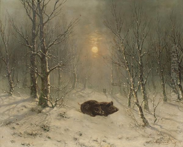 Winterlandschaft Mit Wildschweinen Oil Painting by Joseph Friedrich N. Heydendahl