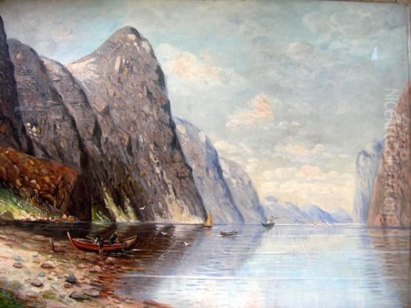 Fischerboote In Einem Norwegischen Fjord Oil Painting by Joseph Friedrich N. Heydendahl