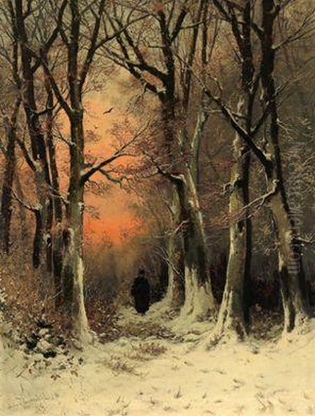 Abendlicher Winterwald Mit Einer Reisigsammlerin Oil Painting by Joseph Friedrich N. Heydendahl