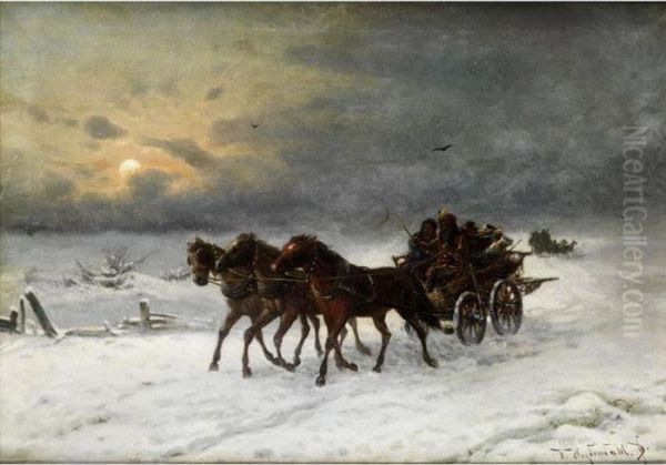 Winterlandschaft Mit Troika Oil Painting by Friedrichjosef Nicolai Heyendahl