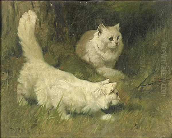 White Persian Cats Chasing A Ladybug Oil Painting by Arthur Heyer