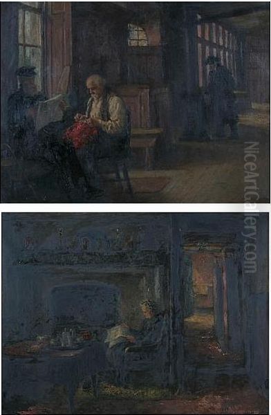 An Interior Scene With Men By A Window, Another Figure Walking, And Another, A Woman Taking Tea By A Fireside, A Pair Oil Painting by Heyermans