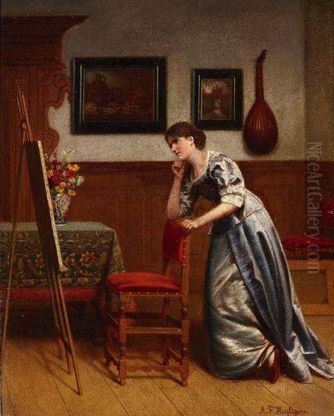 Binnenhuis Met Elegante Dame Voor Schildersezel Oil Painting by Gustaaf Antoon F. Heyligers