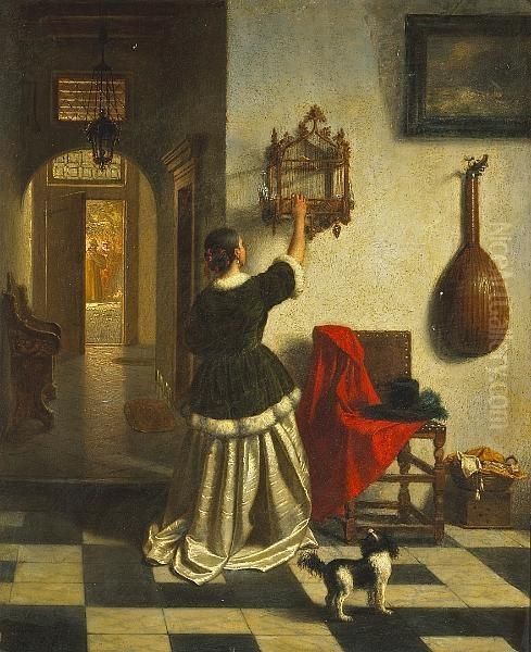 A Lady In An Interior Feeding Her Pet Bird Oil Painting by Gustaaf Antoon F. Heyligers