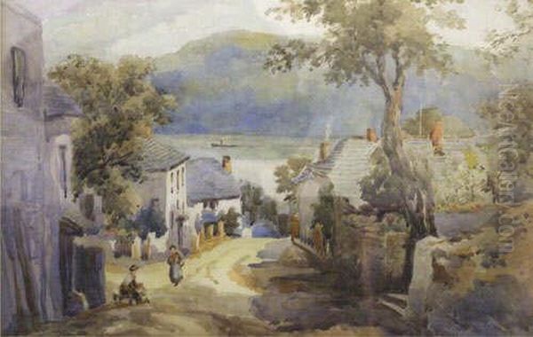 A Village Scene With Two Figures In The Foreground,cottages And Roadway Beyond Sloping Down To An Estuary Oil Painting by Andreas Heymann