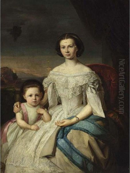 A Selfportrait Of The Artist, Seated Three-quarter Length, Wearing A White Dress, Together With Her Daughter Marie Oil Painting by Rosa Heymann-Figdor