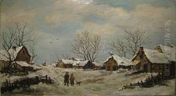 Personnages Dans Un Village Enneige Oil Painting by Adriaan Jozef Heymans