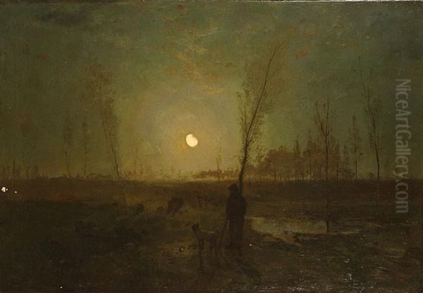 Nachtelijke Wandeling Bij Maneschijn. Oil Painting by Adriaan Jozef Heymans