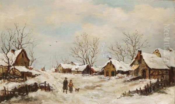 Winter Landscape With Figures Near Farmhouses Oil Painting by Joseph I Heymans