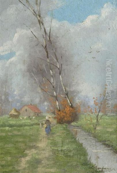 Landscape With Farmer's Wife Near The Brook Oil Painting by Jozef Heymans