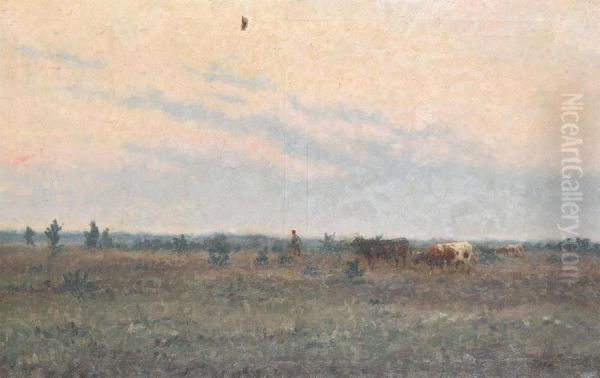 Landscape With Shepherd And Cows Oil Painting by Jozef Heymans